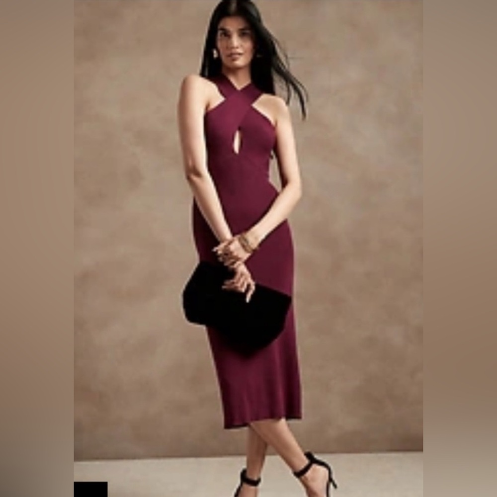 Elegant Burgundy Halter Sweater Dress- Banana Republic